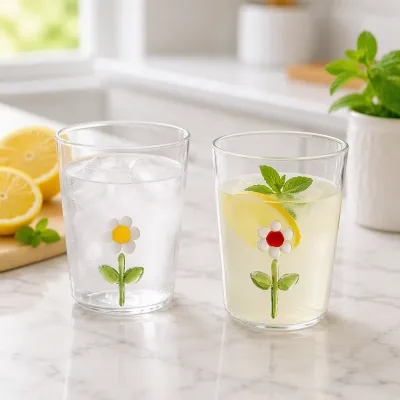 Wholesale Customized Transparent European Design Glass Cups Small Flower Patterns Household Cute Girl Heart Beverage Cups for