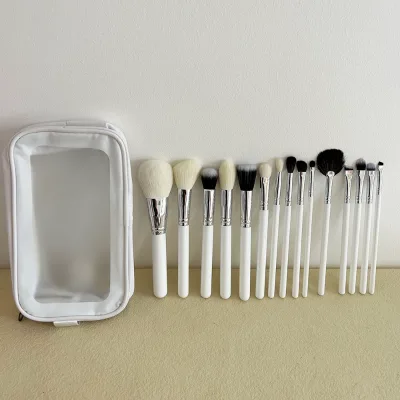 15pcs Customized White Makeup Brushes Set Wood Handle Synthetic Animal Hair Make-up Brush Set with PU Bag