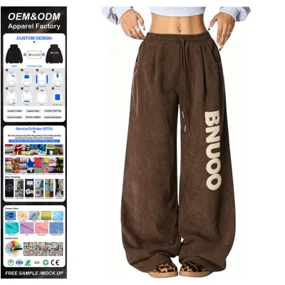 Women's Corduroy Pants Barrel Pants with Pocket  Custom logo Brown  Drawstring Comfy High Waist Baggy Sweatpants