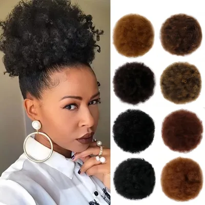 Wholesale Fluffy Afro Kinky Drawing String Bun Hiphop Curl Hairstyle for Black Women Afro Puff Ponytail Hair Bun