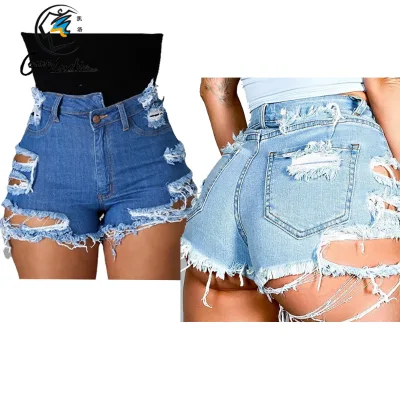 New Arrivals Ripped High Waist Fringe Shorts Elasticity Tassel Distressed Denim Shorts for Women