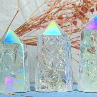 Hot Sale Aura Point Electroplated Crackled Rainbow Clear Quartz Tower Crystal Towers for Healing Gifts