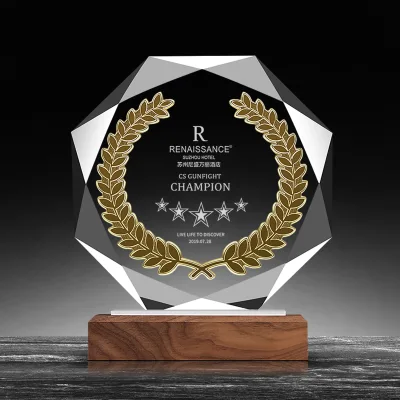 Custom Blank Crystal Trophy Plaque Blank Round Wooden Crystal Trophy Laser Engraved Sublimation Logo Wooden Crystal Trophy