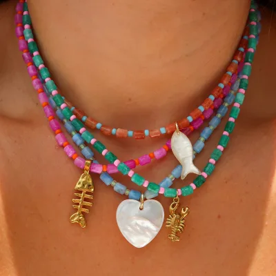 Ocean Fish Shell Charm Stainless Steel Stackable Necklace Rainbow Hand Natural Stone Beaded Clavicle for Ladies Vacation Party