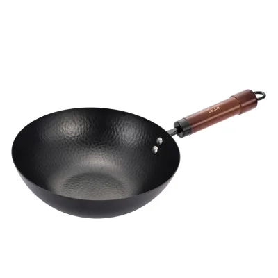Handmade Iron Wok Uncoated Wok with Removable Wooden Handle Kitchen Pot Cookware