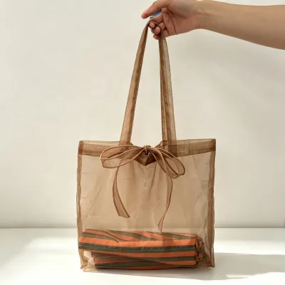 Wholesale Sheer Organza Bow Tote Bag Transparent See Through Handbag Beach Shopping Carry Bag Foldable OEM Custom Women Factory