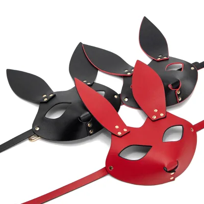 PU Leather Bondage Hood Full Face Blinder Detachable Cover Bunny Long Ears Maskes BDSM Sex Maskes