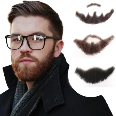 Men's Human Hair Fake Face Beard Mustache Men Realistic Reusable Makeup Lace False Beard Brown