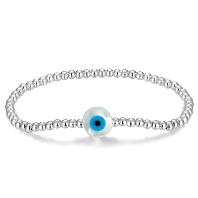 Customized 925 Sterling Silver 3mm Round Small Ball Beads with Cross Hand Shell Blue Devil Eye Charm Bracelet for Women Gift