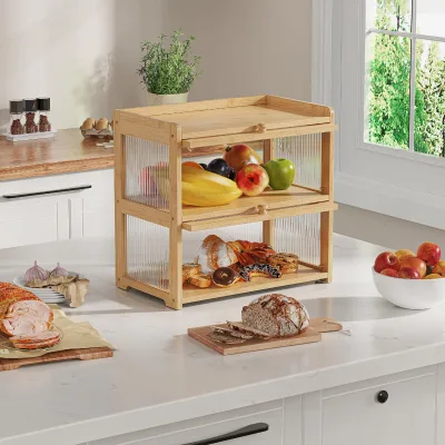 Extra Large Capacity Bamboo Bread Box Suitable for Kitchen Counters Double-Layer Bread Storage Container Farmhouse Bread Box
