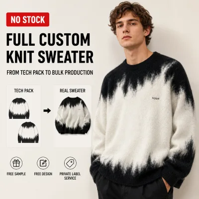 Custom Sweater Male Black Ivory Tie Dye Graphic Print Fuzzy Mohair Blend Heavyweight Oversized Crewneck Pullover Loose Sweater