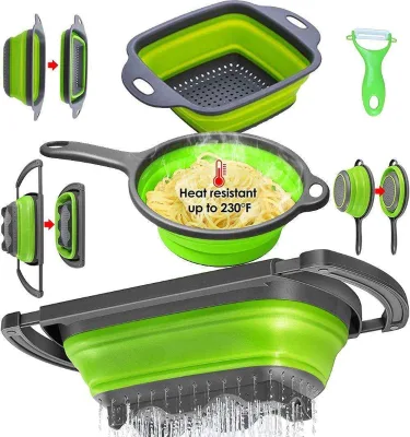 Collapsible Retractable Plastic Colander Set with Handle Flexible Folding Vegetable Washing and Drying Storage Basket