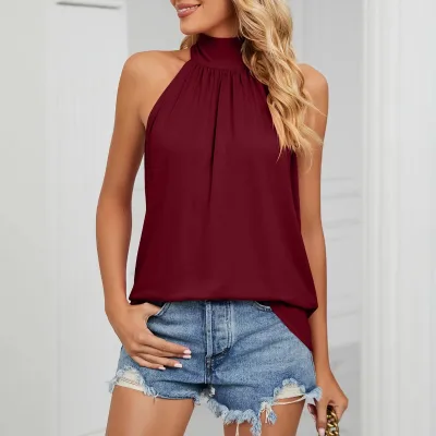 European and American Women's Summer Solid Color High Neck Lace up Woven Breathable Loose Fit Polyester Vest T-shirt