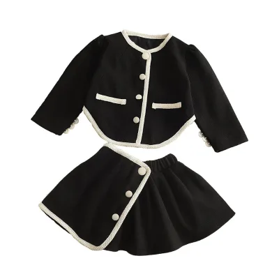 6391 Girls' Summer Casual Two-Piece Set Stylish Long-Sleeved Cardigan & Korean-Style Solid Pattern Skirt Fashionable