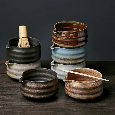 Japanese Style Handmade Ceramic Chawan Matcha Bowls Vintage Pottery Chasen Bowls with Spout Feature Handcrafted