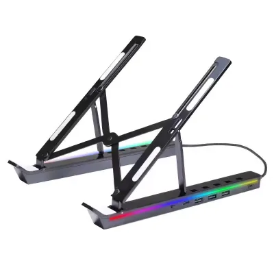Led Laptop Stand Usb C HUB Usb C Usb A Type C Laptop Docking Station Stand RGB Light Premium Portable Laptop Stand