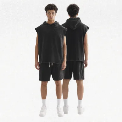 Men' Cotton Singlet Set Hooded Two Piece Shorts Set Vintage Washed Sleeveless T Shirt With Shorts for Men