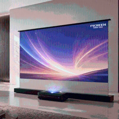 Fscreen Aura Series 100 Inch 16:9 Silicone Based Fresnel ALR Motorized Floor Rising UST Projection Screen Eco Friendly Home