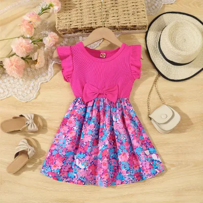 Floral Girls Casual Dress with Ruffled Sleeves and Bow New Style for Spring and Summer for Children
