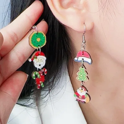 Hot Sell 2026 New Design Christmas Earrings Wooden Leaf Heart Plaid Santa Pendant Christmas Earrings
