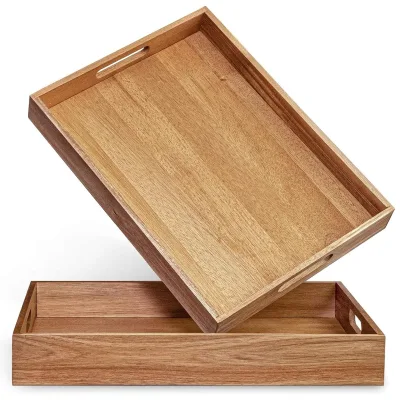 Premium Natural Wooden Foldable 2-Layer American Style Rectangular Ottoman Tray with Handles for Bathroom Use