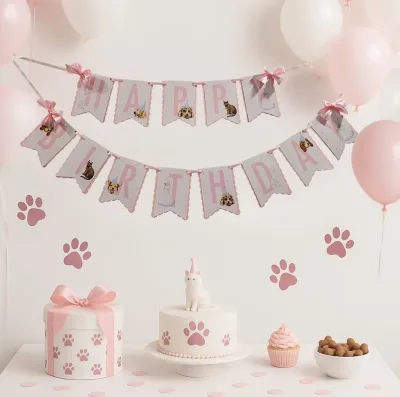 Cross-border Pet Birthday Banner Party Flag with Paw Print Design in Pink and Gray for Kittens and Dogs