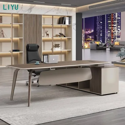 Modern Luxury L-Shape Wooden Manager Executive Office Desk Suite with Bookshelf LED Light Leather Chair Premium Office Furniture