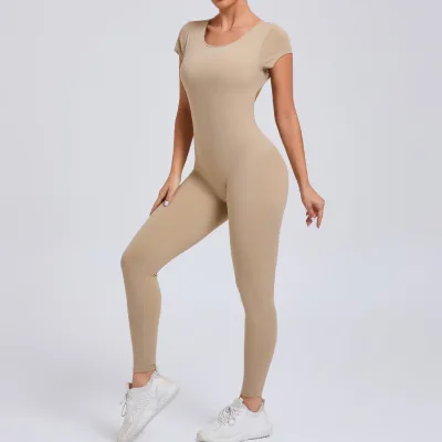 Yoga Jumpsuit Shorts Open Back Tee Bodysuit for Women