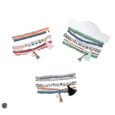 Adjustable Bohemian Charm Cute Square Glass Crystal Bead  LETTERS of LOVE Colorful Women Small Beaded Bracelet with Tassel