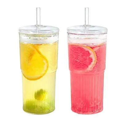 Glass Drink Cup with Integrated Glass Lid and Straw Premium Single-Use Tableware