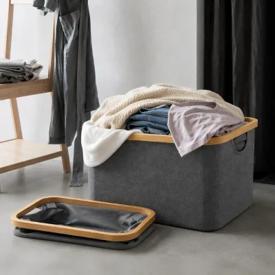 CF Open Top Bamboo Rim Handle Rectangular Foldable Towel Clothes Nursery Storage Bin Collapsible Oxford Cloth Laundry Basket