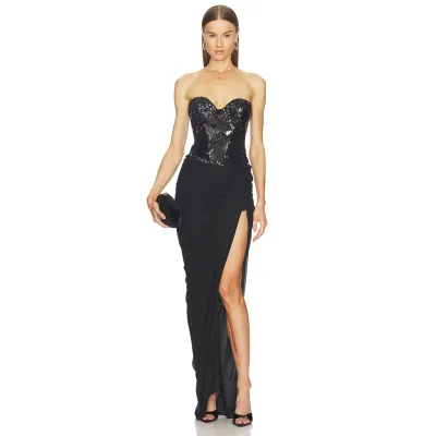 Black Sequin High Slit Patchwork Long Dress Pleated Design Waist Cinched Bodycon Gown Women Sexy Fashion Party Wear