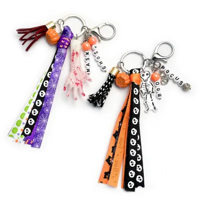 Halloween Pumpkin Webbing Keychain Horror Severed Hand Letter Beads Long Ribbon Tassel Pendant Keyring Gift for Party