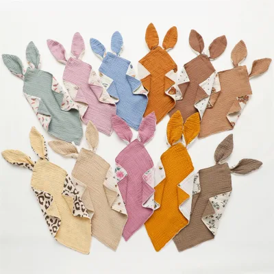 Lovely 100% Cotton Muslin Newborn Baby Soft Comforter Blanket Toy Bunny Ear Security Blanket