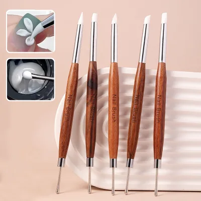 Retro Sandalwood Design Nail Blender Pen Dual Head Silicone Metal Sculpting Dotting Pen Nail Embossing Pen Nail Brush for Salon