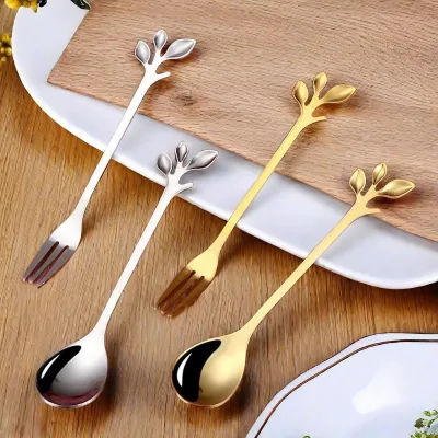 Leaf Shape Unique Stainless Steel Drink Coffee Tea Spoon Fork Set for Gift Souvenirs