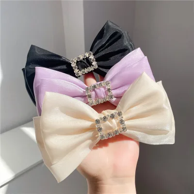 High Quality Solid Color Mesh Cute Hair Pins Crystal Embellished Bow Hair Clip Charms Women's Ponytail Barrette