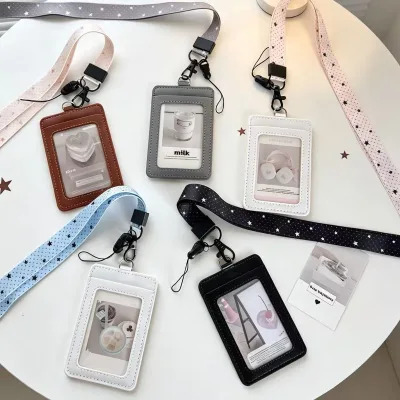 Hot Sale Minimalist Design PU Material 3-inch Work Card Holder Photo Card Holder with Lanyard