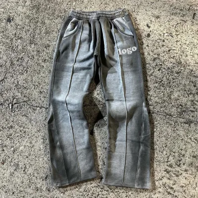 Manufacturer Distressed Regular Fit 100% Cotton Heavyweight Elastic Waist Sweatpants Rhinedones Joggers Cut Sewn Flared Pants