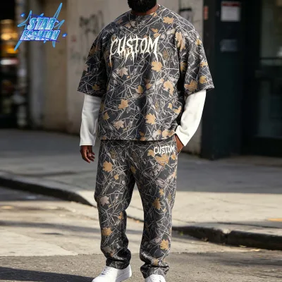 Custom 300GSM Heavyweight 100% Cotton DTG Gothic Letter Print Drop Shoulder Loose Jogger Pant Men Two Piece Set