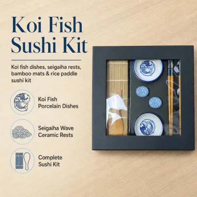 Sushi Gift Set Bamboo Rolling Mats Koi Fish Porcelain Dishes Chopsticks and Rests Japanese Tableware Kit Wholesale Custom