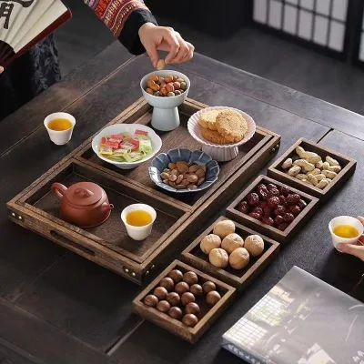 7pc Set of Chinese Tea Tray Dried Fruit Tray Combination with Multiple Trays for Serving in Kitchen Home Bar Tableware Tools