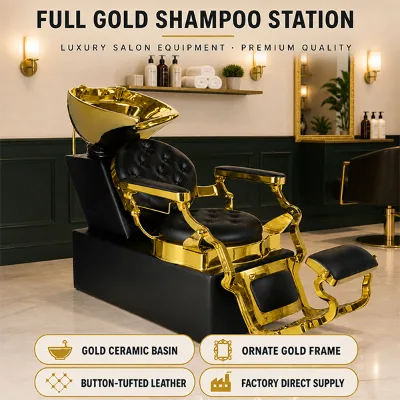Luxury Vintage Gold Metal Barber Shampoo Chair Reclining Hair Wash Station With Golden Metal Bowl for Men Barbershop