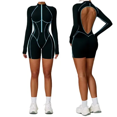 High-Intensity Sports Cross-Border Yoga Bodysuit Jumpsuit with Contrast Hollow-out Back Tight-Fitting Fitness Suit