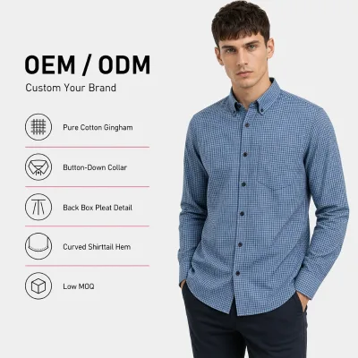 Japanese Gingham Button Down Shirt Micro Check Box Pleat Loose Fit Men Spring Custom OEM Low MOQ