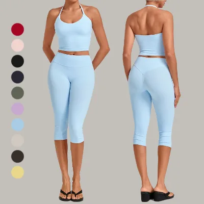 New Arrival Halter Neck Backless Crop Tank Top with High Waist Knee Length Capri Leggings Set Active Wear 2 Piece Yoga Set