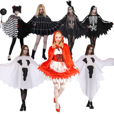 Halloween Costumes Adult Women Black and White Vampire Skeleton Cloak Cosplay Masquerade Cape