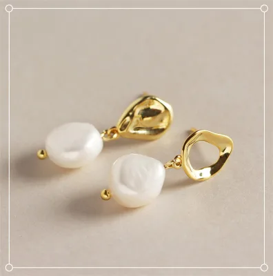 Ladies Design Wholesale Vintage Gold Plated S925 Natural Freshwater Pearl Earrings