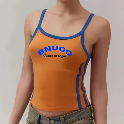 New Trendy Casual Basic Sleeveless Spaghetti Strap Crop Tops Women Contrast Color Hot Girl Y2k Ribbed Tank Top