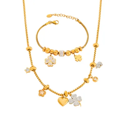 2024 New Fashion Jewelry Sets Bracelets Necklace 18k Gold Plated Heart Star Zircon Four Leaf Clover Necklace